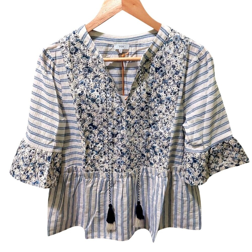 NWT Voy Womens Blue Floral & Stripe Embroidered V-Neck Blouse~Boho~SMALL - Picture 1 of 7